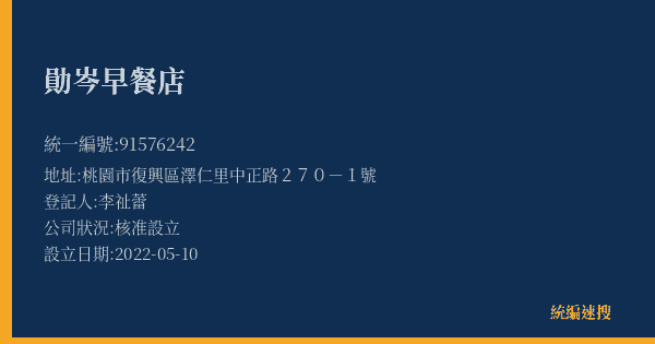 勛岑早餐店的照片-統編 91576242(桃園市) 公司登記資料與營業項目詳細圖表