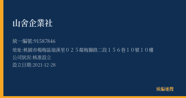 山舍企業社的照片-統編 91587846(桃園市) 公司登記資料與營業項目詳細圖表