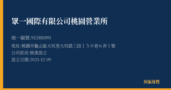 眾一國際有限公司桃園營業所的照片-統編 91588090(桃園市) 公司登記資料與營業項目詳細圖表