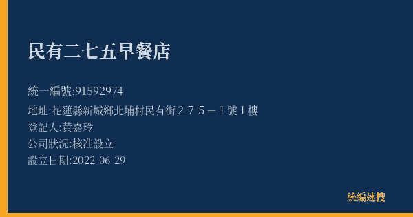 民有二七五早餐店的照片-統編 91592974(花蓮縣) 公司登記資料與營業項目詳細圖表