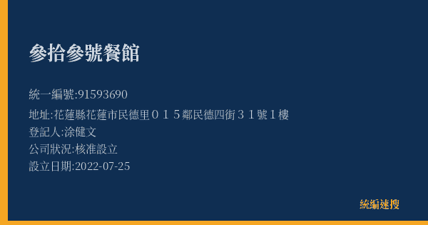 參拾參號餐館的照片-統編 91593690(花蓮縣) 公司登記資料與營業項目詳細圖表