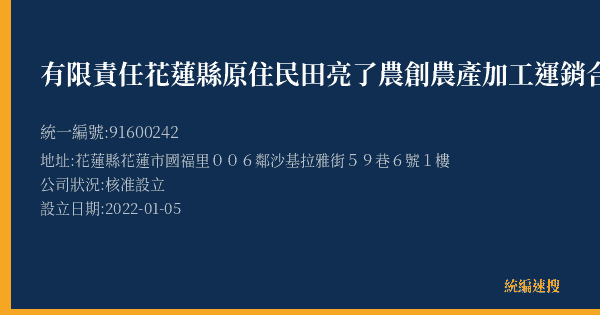 有限責任花蓮縣原住民田亮了農創農產加工運銷合作社的照片-統編 91600242(花蓮縣) 公司登記資料與營業項目詳細圖表