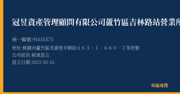 冠昱資產管理顧問有限公司蘆竹區吉林路站營業所的照片-統編 91615575(桃園市) 公司登記資料與營業項目詳細圖表