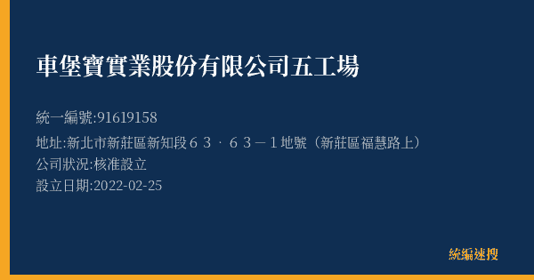 車堡寶實業股份有限公司五工場的照片-統編 91619158(新北市) 公司登記資料與營業項目詳細圖表