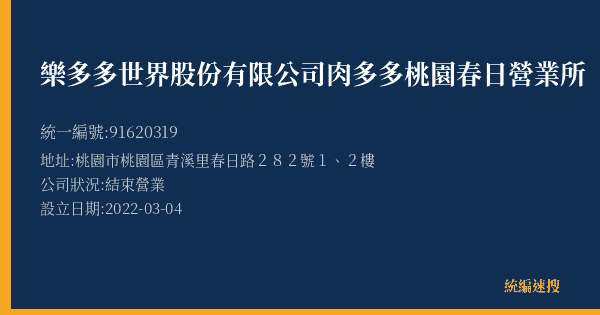 樂多多世界股份有限公司肉多多桃園春日營業所的照片-統編 91620319(桃園市) 公司登記資料與營業項目詳細圖表