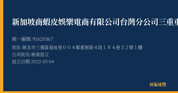 新加坡商蝦皮娛樂電商有限公司台灣分公司三重重新營業所的照片-統編 91620367(新北市) 公司登記資料與營業項目詳細圖表