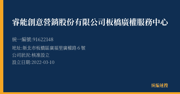 睿能創意營銷股份有限公司板橋廣權服務中心的照片-統編 91622148(新北市) 公司登記資料與營業項目詳細圖表