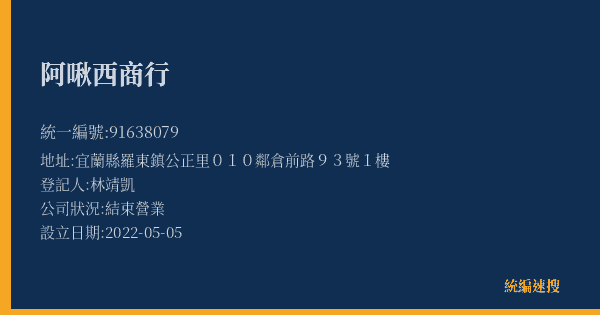 阿啾西商行的照片-統編 91638079(宜蘭縣) 公司登記資料與營業項目詳細圖表