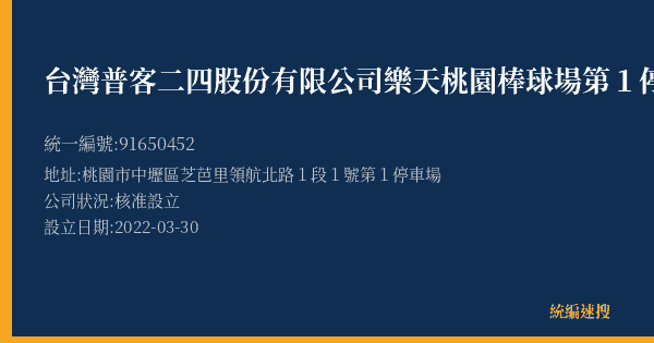 台灣普客二四股份有限公司樂天桃園棒球場第1停車場的照片-統編 91650452(桃園市) 公司登記資料與營業項目詳細圖表
