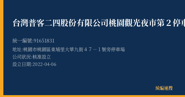 台灣普客二四股份有限公司桃園觀光夜市第2停車場的照片-統編 91651831(桃園市) 公司登記資料與營業項目詳細圖表
