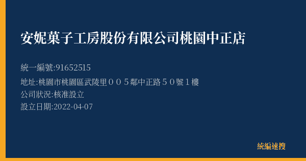 安妮菓子工房股份有限公司桃園中正店的照片-統編 91652515(桃園市) 公司登記資料與營業項目詳細圖表