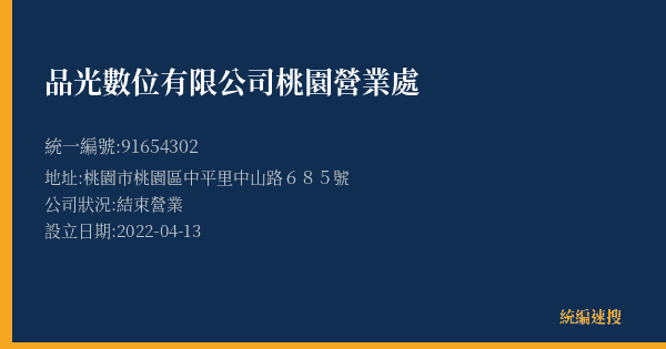 品光數位有限公司桃園營業處的照片-統編 91654302(桃園市) 公司登記資料與營業項目詳細圖表