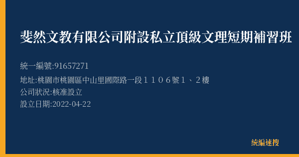 斐然文教有限公司附設私立頂級文理短期補習班的照片-統編 91657271(桃園市) 公司登記資料與營業項目詳細圖表