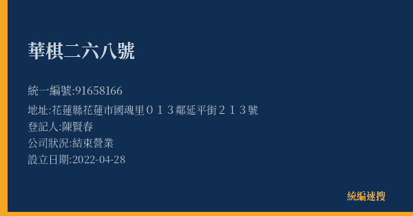 華棋二六八號的照片-統編 91658166(花蓮縣) 公司登記資料與營業項目詳細圖表