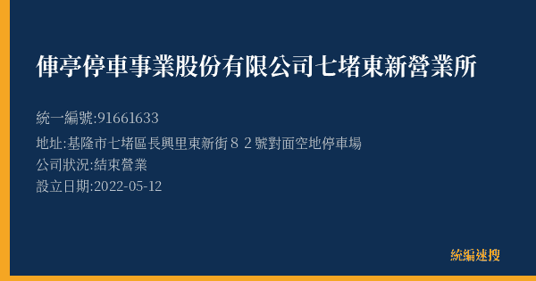 俥亭停車事業股份有限公司七堵東新營業所的照片-統編 91661633(基隆市) 公司登記資料與營業項目詳細圖表