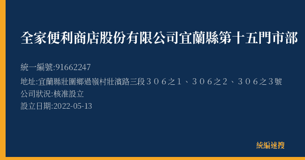 全家便利商店股份有限公司宜蘭縣第十五門市部的照片-統編 91662247(宜蘭縣) 公司登記資料與營業項目詳細圖表