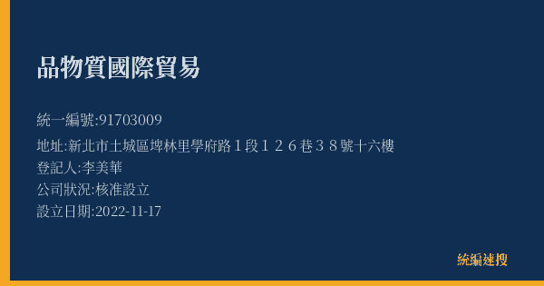 品物質國際貿易的照片-統編 91703009(新北市) 公司登記資料與營業項目詳細圖表