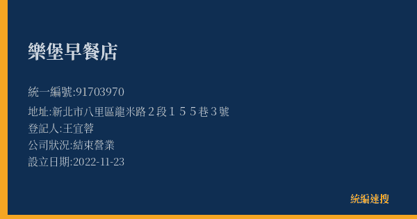 樂堡早餐店的照片-統編 91703970(新北市) 公司登記資料與營業項目詳細圖表
