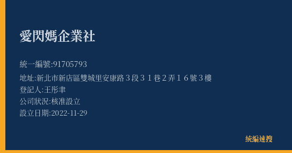 愛閃媽企業社的照片-統編 91705793(新北市) 公司登記資料與營業項目詳細圖表
