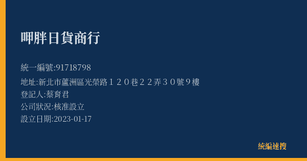 呷胖日貨商行的照片-統編 91718798(新北市) 公司登記資料與營業項目詳細圖表