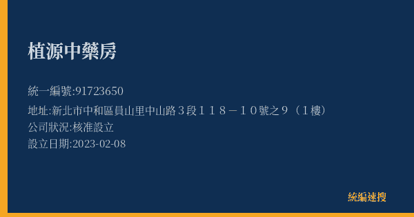 植源中藥房的照片-統編 91723650(新北市) 公司登記資料與營業項目詳細圖表