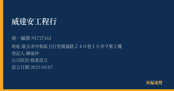 威達安工程行的照片-統編 91737161(新北市) 公司登記資料與營業項目詳細圖表