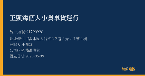 王凱霖個人小貨車貨運行的照片-統編 91790926(新北市) 公司登記資料與營業項目詳細圖表