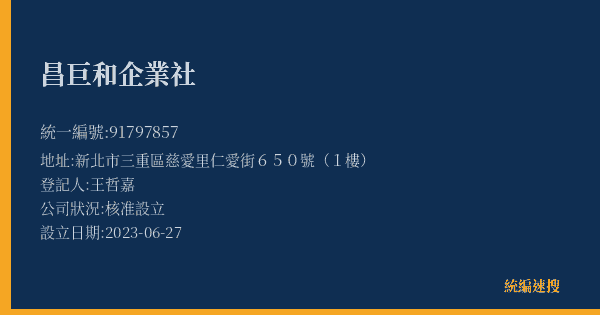 昌巨和企業社的照片-統編 91797857(新北市) 公司登記資料與營業項目詳細圖表