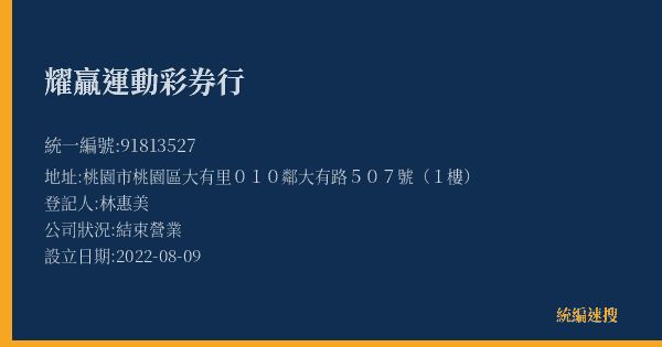 耀贏運動彩券行的照片-統編 91813527(桃園市) 公司登記資料與營業項目詳細圖表