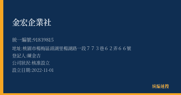 金宏企業社的照片-統編 91839815(桃園市) 公司登記資料與營業項目詳細圖表