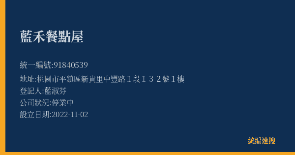 藍禾餐點屋的照片-統編 91840539(桃園市) 公司登記資料與營業項目詳細圖表