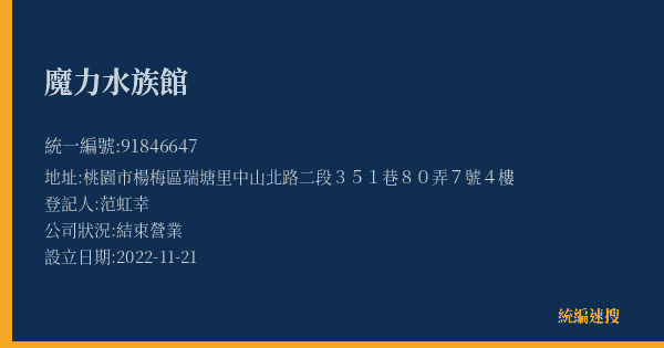 魔力水族館的照片-統編 91846647(桃園市) 公司登記資料與營業項目詳細圖表