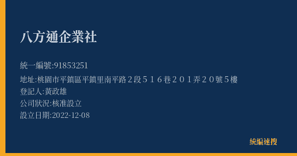 八方通企業社的照片-統編 91853251(桃園市) 公司登記資料與營業項目詳細圖表