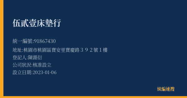 伍貳壹床墊行的照片-統編 91867430(桃園市) 公司登記資料與營業項目詳細圖表