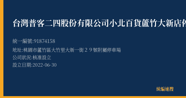 台灣普客二四股份有限公司小北百貨蘆竹大新店停車場的照片-統編 91874158(桃園市) 公司登記資料與營業項目詳細圖表