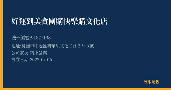 好運到美食團購快樂購文化店的照片-統編 91877198(桃園市) 公司登記資料與營業項目詳細圖表