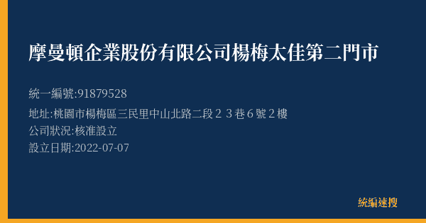 摩曼頓企業股份有限公司楊梅太佳第二門市的照片-統編 91879528(桃園市) 公司登記資料與營業項目詳細圖表