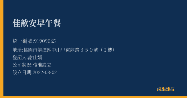 佳歆安早午餐的照片-統編 91909065(桃園市) 公司登記資料與營業項目詳細圖表