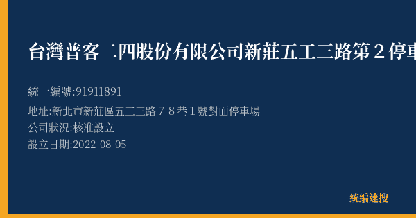 台灣普客二四股份有限公司新莊五工三路第2停車場的照片-統編 91911891(新北市) 公司登記資料與營業項目詳細圖表