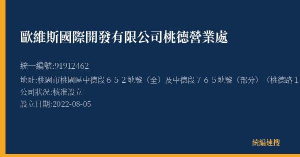 歐維斯國際開發有限公司桃德營業處的照片-統編 91912462(桃園市) 公司登記資料與營業項目詳細圖表