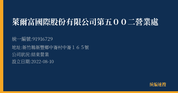 萊爾富國際股份有限公司第五00二營業處的照片-統編 91916729(新竹縣) 公司登記資料與營業項目詳細圖表