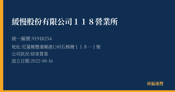 緩慢股份有限公司118營業所的照片-統編 91918254(花蓮縣) 公司登記資料與營業項目詳細圖表