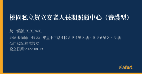 桃園私立賀立安老人長期照顧中心(養護型)的照片-統編 91919401(桃園市) 公司登記資料與營業項目詳細圖表