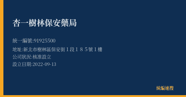 杏一樹林保安藥局的照片-統編 91925500(新北市) 公司登記資料與營業項目詳細圖表