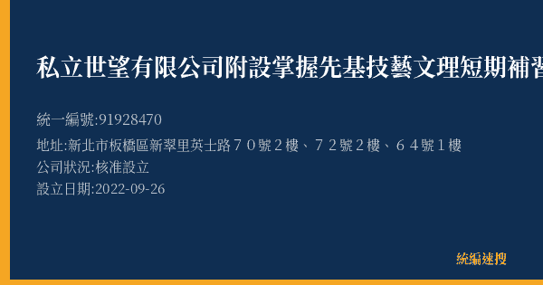 私立世望有限公司附設掌握先基技藝文理短期補習班的照片-統編 91928470(新北市) 公司登記資料與營業項目詳細圖表