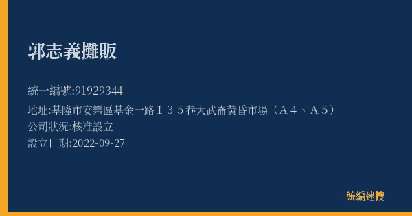 郭志義攤販的照片-統編 91929344(基隆市) 公司登記資料與營業項目詳細圖表
