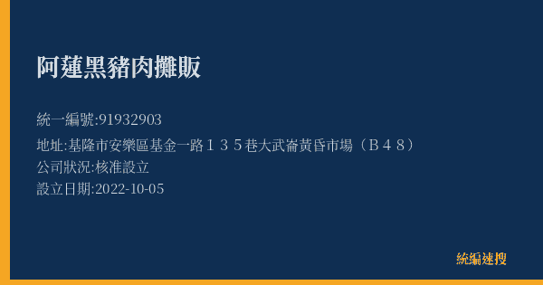 阿蓮黑豬肉攤販的照片-統編 91932903(基隆市) 公司登記資料與營業項目詳細圖表