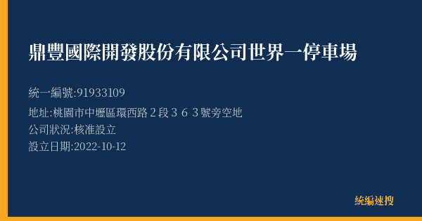 鼎豐國際開發股份有限公司世界一停車場的照片-統編 91933109(桃園市) 公司登記資料與營業項目詳細圖表