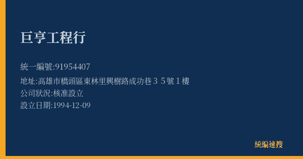 巨亨工程行的照片-統編 91954407(高雄市) 公司登記資料與營業項目詳細圖表