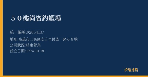 50樓尚賓釣蝦場的照片-統編 92054137(高雄市) 公司登記資料與營業項目詳細圖表